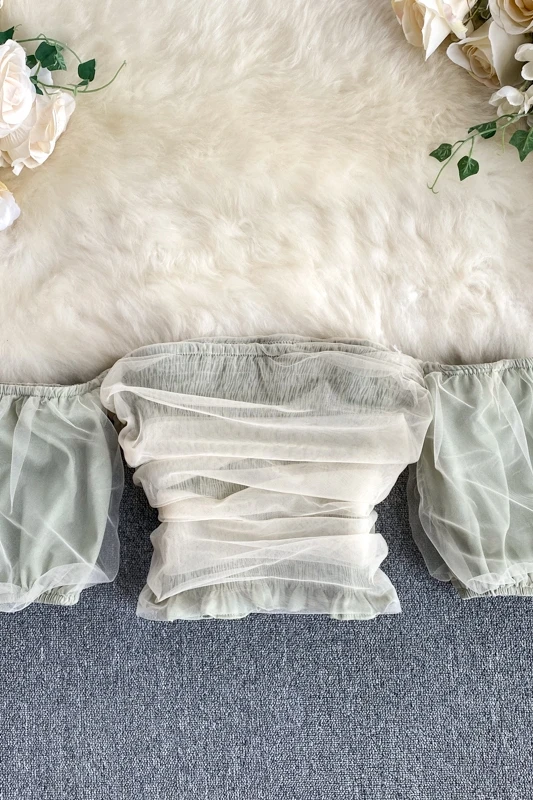 

ZOSOL Chic Sweet Mesh Heart Machine Expose Clavicle Horizontal Neck off-Shoulder Sexy Boob Tube Top Short Top Wear for Women