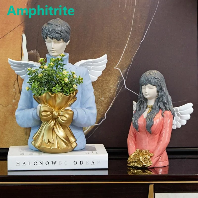 

Simple And Modern Romantic Angel Couple Figurine Girl Art And Boy Flower Craft Resin Living Room Decoration Home Wedding Gift
