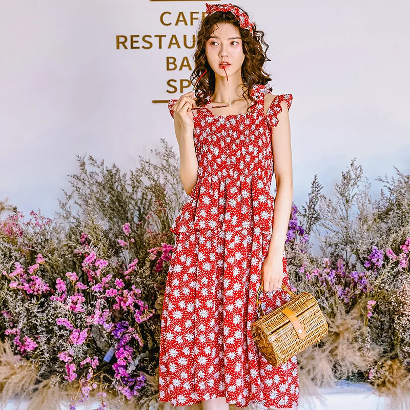 LANMREM 2020 Летний новый корейский тренд женское Красное лоскутное платье без
