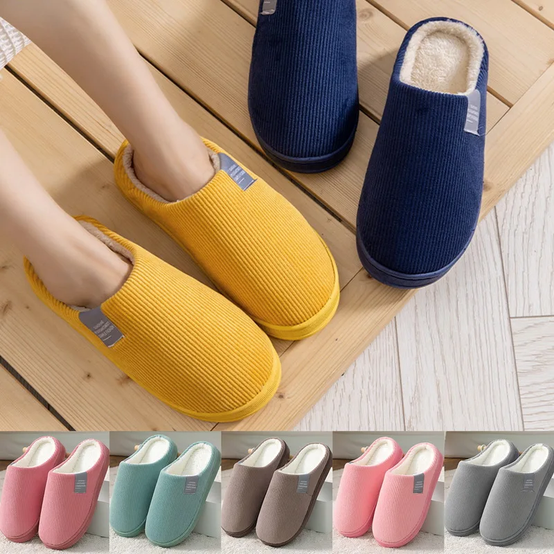 

Winter Warm Cotton Slippers Women Men Home Shoes Simple Non-slip Indoor Slide Corduroy Couple Slipper Female Shoes Plush Bedroom