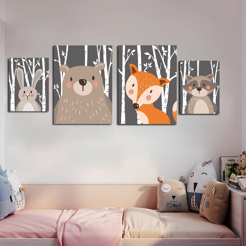 Скандинавский Ночной лес мультяшное животное дерево кролик медведь холст