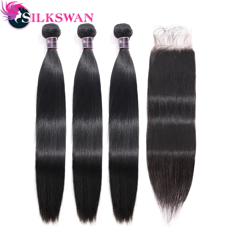 Silkswan бразильские прямые Человеческие волосы remy 10-40 дюймов Пряди с закрытием с детскими волосами для женщин