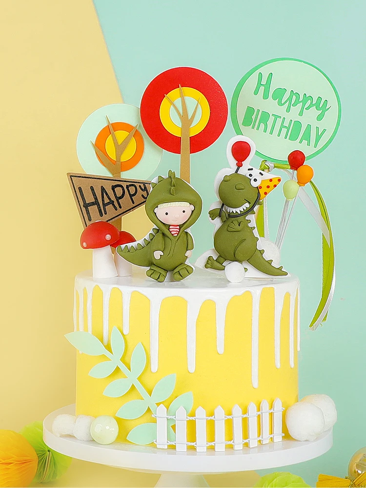 

Cartoon Baby Green Yellow Dinosaur Soft pottery trees Boy's Birthday Cake Topper Dessert Decoration Cake Decor
