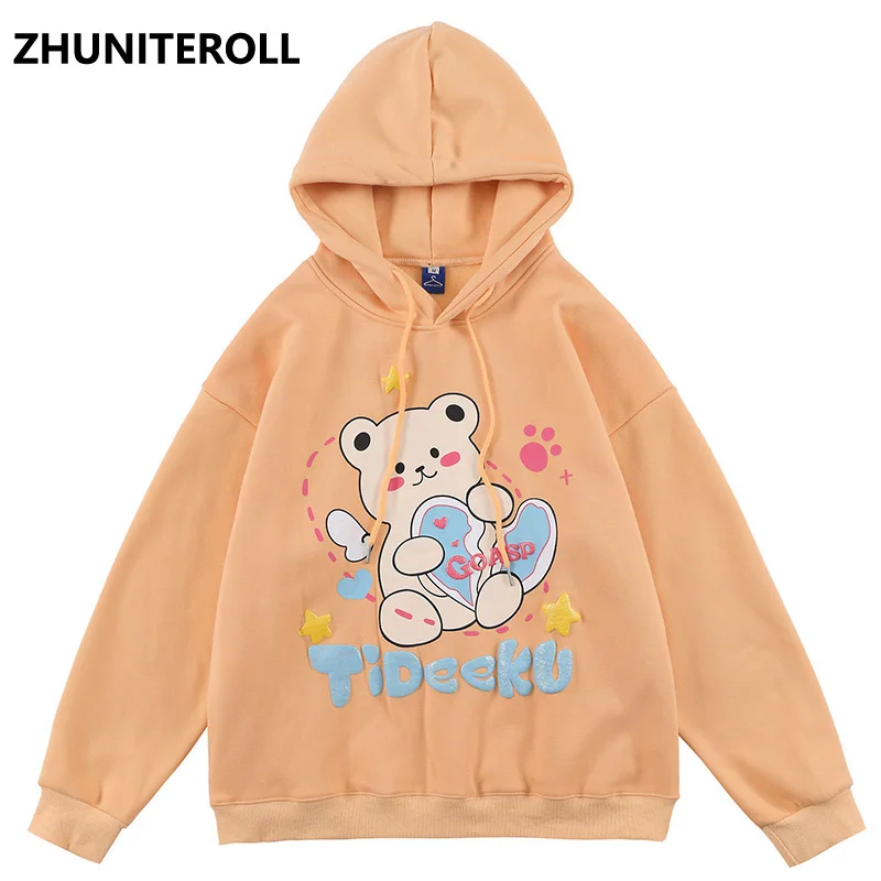

2021 Harajuku Cartoon Bear Puff Print Hooded Men Hoodie Thick Sweatshirt Hip Hop Streetwear Hoodie Pullover Autumn Tops Clothing