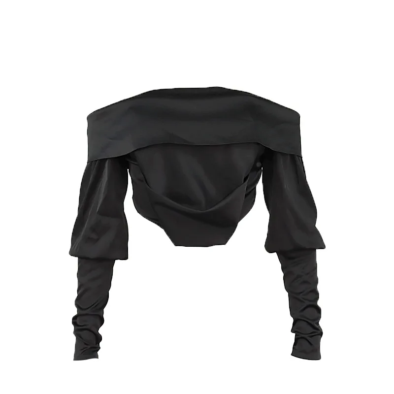 

2021 Sexy Fashion New Strapless Women Top Summer Slash Neck Shirring Long Sleeve Short Crop Tops Black Temperament