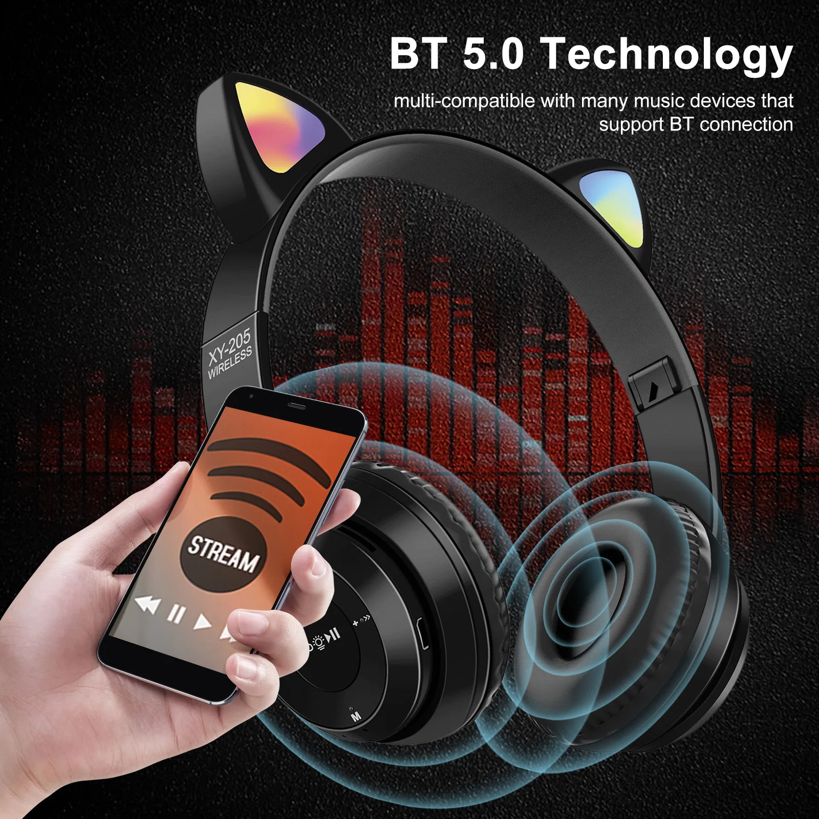 Беспроводные шумоподавляющие наушники с кошачьими ушами микрофоном Bluetooth 5 0