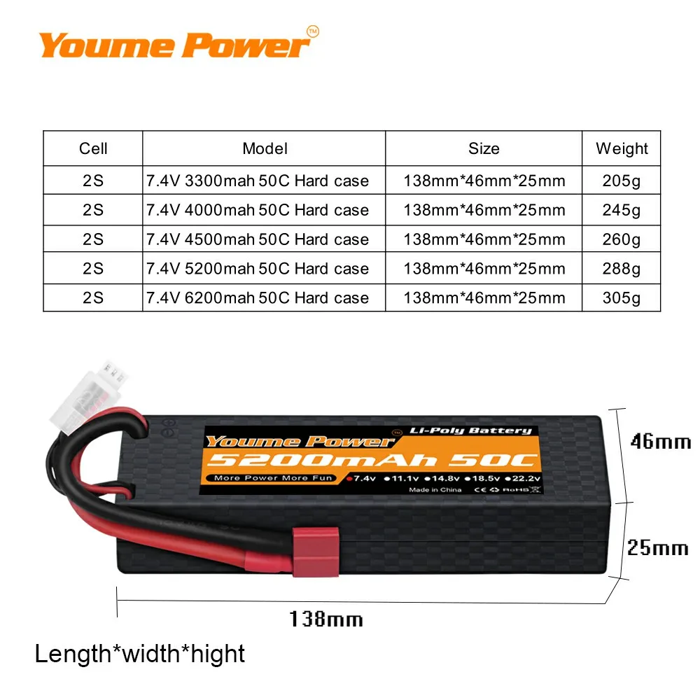 2 шт youme 2s lipo батарея 74 v 5200 мач 6200 мач 3300 ма