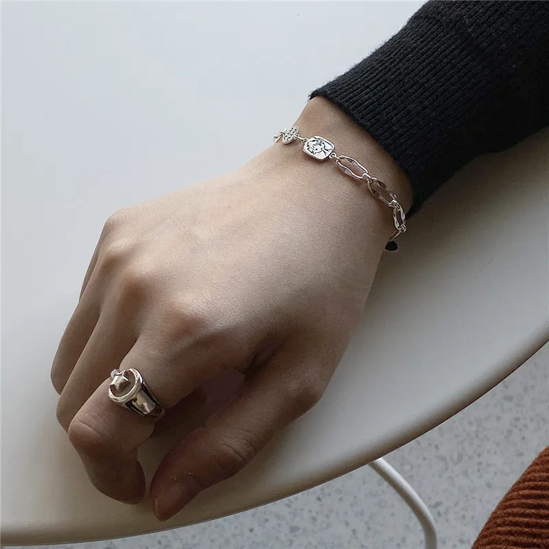 

POFUNUO Real 925 Sterling Silver Korean Style Simple Design Bracelets Women Chic Boy Tag Buckle Chain Bracelets Fine Jewelry