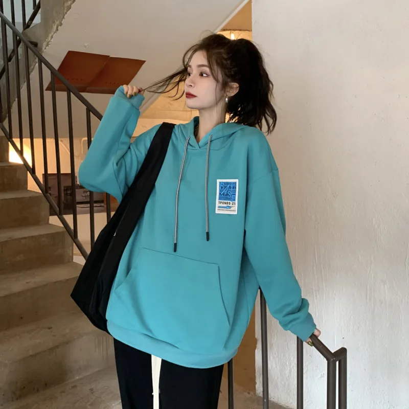 

Однотонный пуловер 2021, Женский свитшот с длинным рукавом, толстовки, свободная уличная одежда, повседневные пуловеры, толстовки с капюшоном