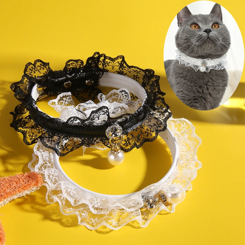 

Pet Cat Collar Bell Black And White Lace Wedding Dress Collar Dog Collar
