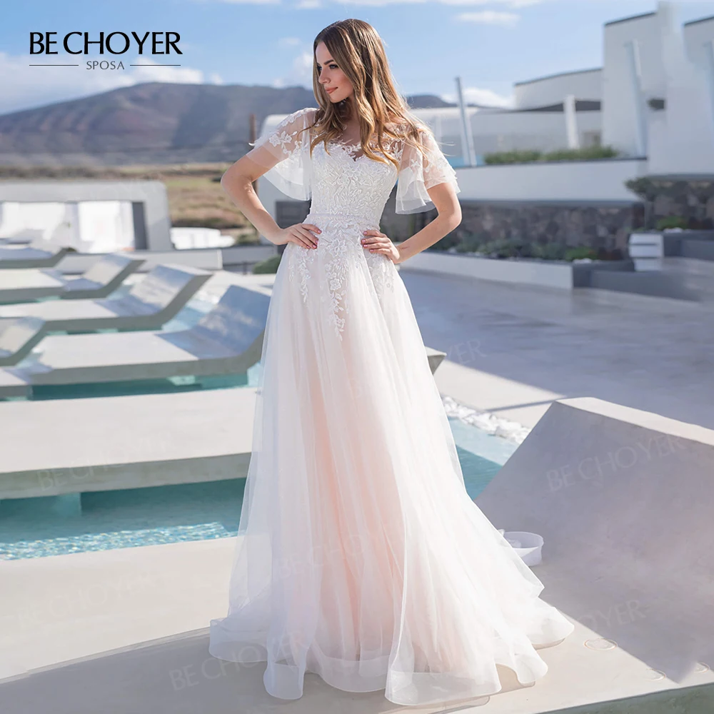 Свадебное платье с романтической аппликацией Тюлевое ТРАПЕЦИЕВИДНОЕ для