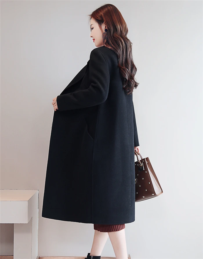Women Woolen Coat Autumn Winter New Double-breasted Long Sleeve Loose Coats Turn-Down Collar Outwear Plus Size S~3XL