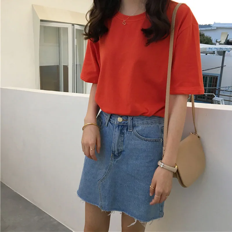 Женская Повседневная Базовая футболка с круглым вырезом летние топы корейская