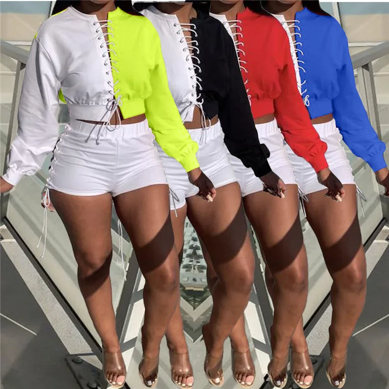 

2021 Fashion Ladies shorts suit Matching Colorblock drawstring tie Long-sleeved Top Shorts Suit Casual sexy women 2-piece set