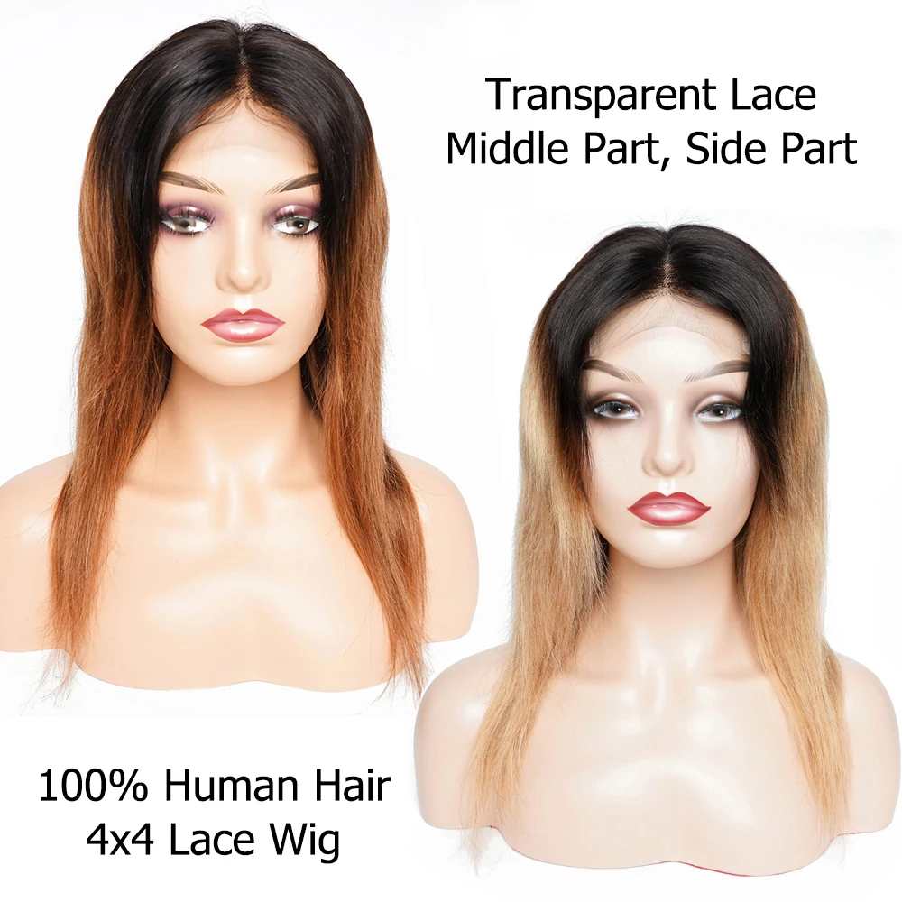 4x4 Lace Closure Wig 1B 27 Ombre Honey Blonde 4x1 T Human Hair 12-18 inch 30 Brown Auburn Straight Remy | Шиньоны и парики