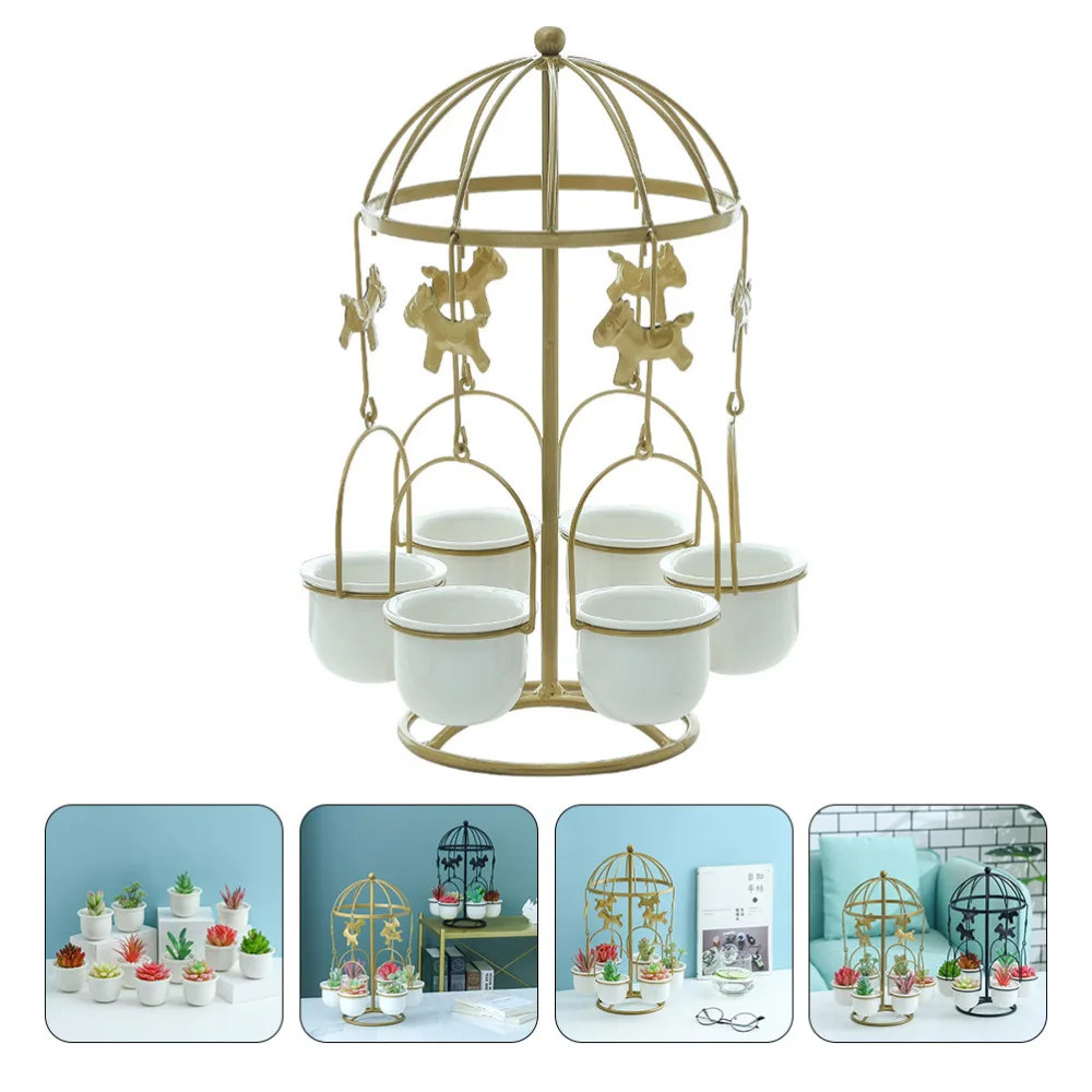 

1 Set Ceramic Bonsai Flower Pot Simple Carousel Iron Frame Set Desktop Ornament