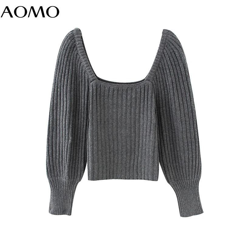 

AOMO 2020 autumn women gray off shoulder sweater puff long sleeve short style knitted jumper tops QJ166A