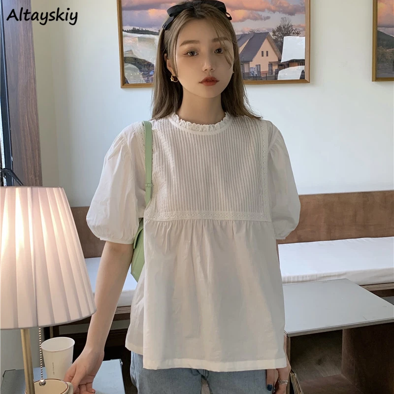 

Women Patchwork Blouses Loose Puff Sleeve French Style All-match Temperament White Fresh Students Tops Fashionable Designer New