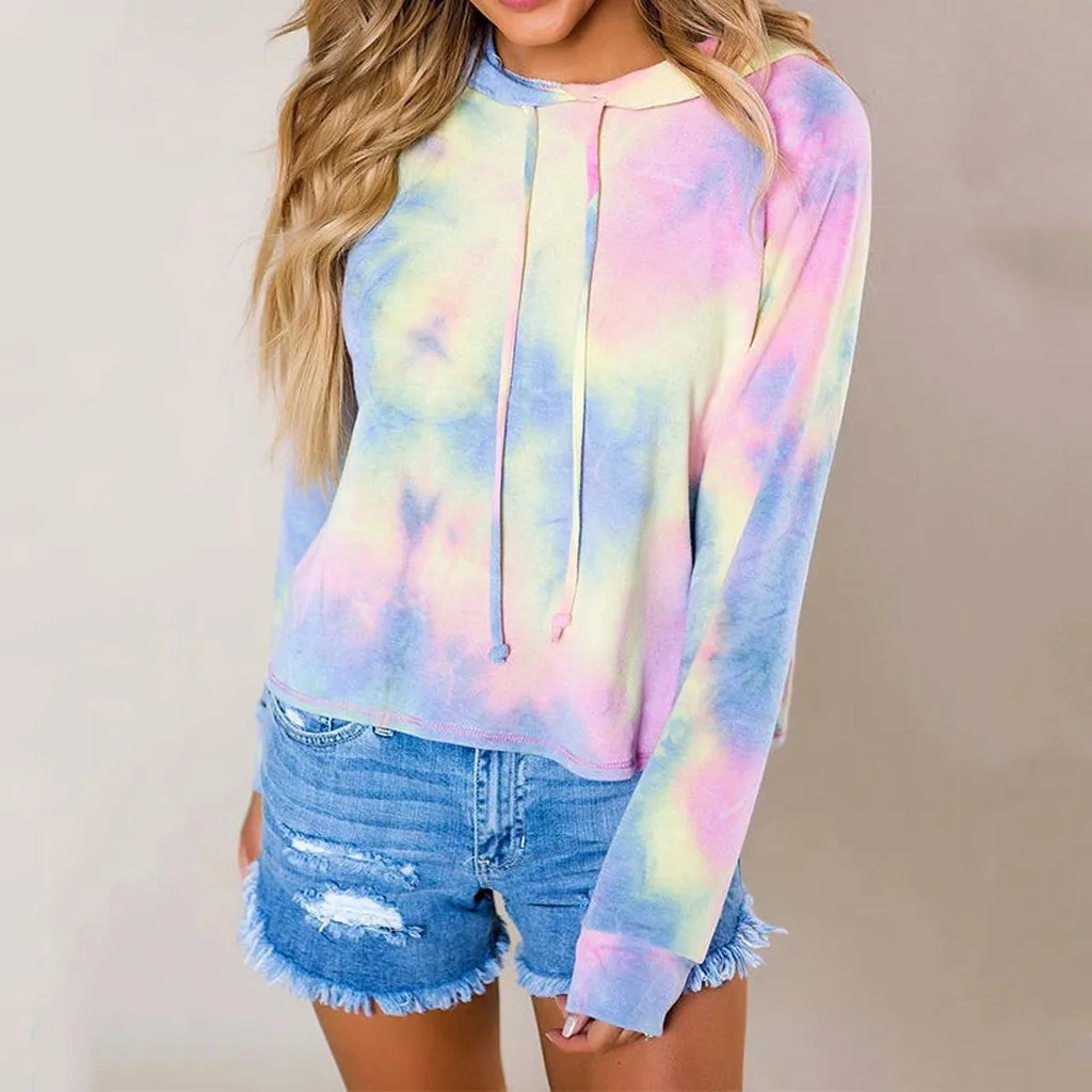 

Women Sweatshirt Tie-dyed Print Long Sleeve Hoodie Tops Ladies Fashion Loose Autumn Long Sleeve Hooded Tops#LJC#ljc