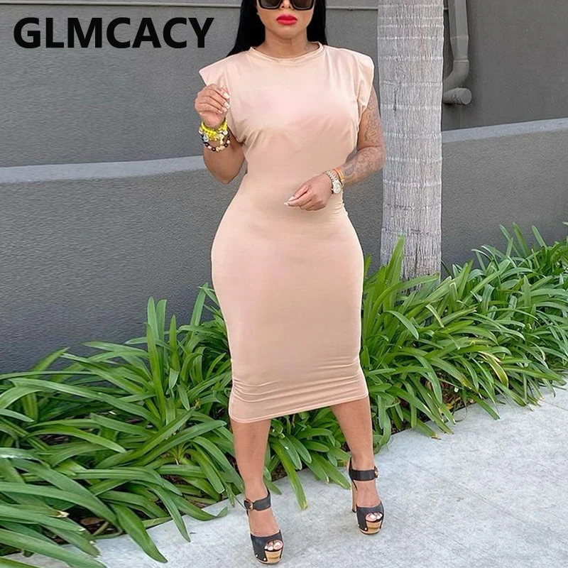 

Padded O Neck Casual Midi Dress Solid Bodycon Dresses