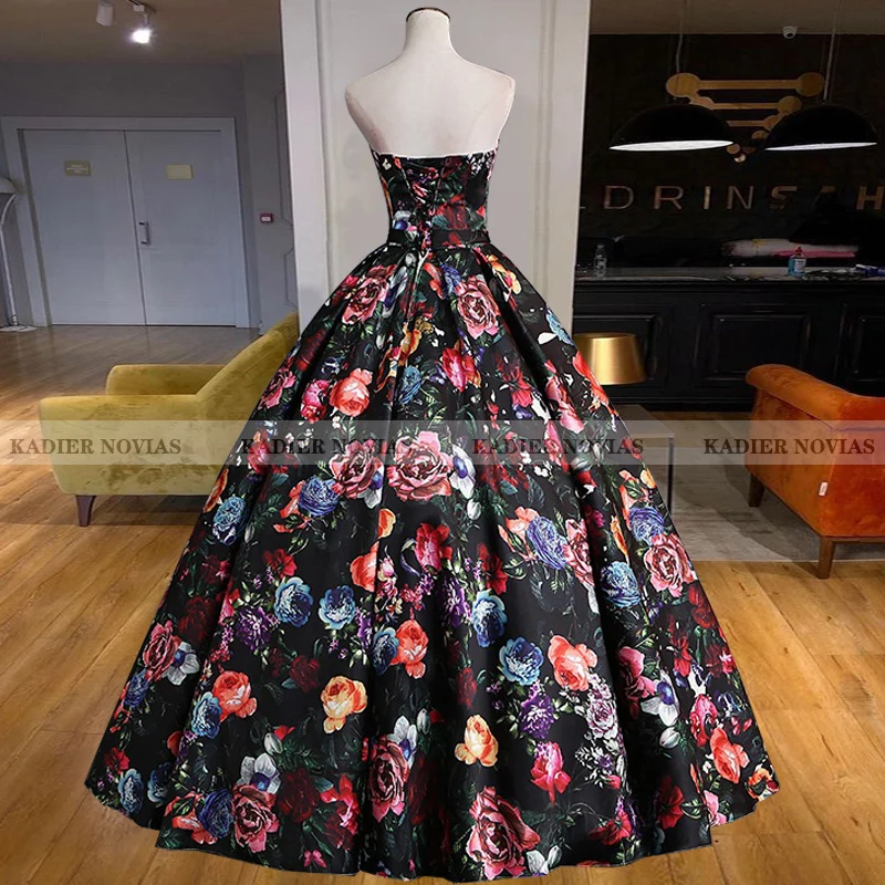 

Kadier Novias Long Arabic Luxury Ball Gown Floral Print Evening Dresses Off the Shoulder Lace Up Formal Women Prom Party