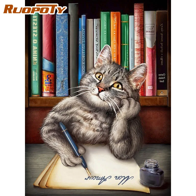 

RUOPOTY Frame DIY Oil Painting By Numbers For Adults Cat Animals Drawing Coloring By Numbers Animals Handmade For Home Decor