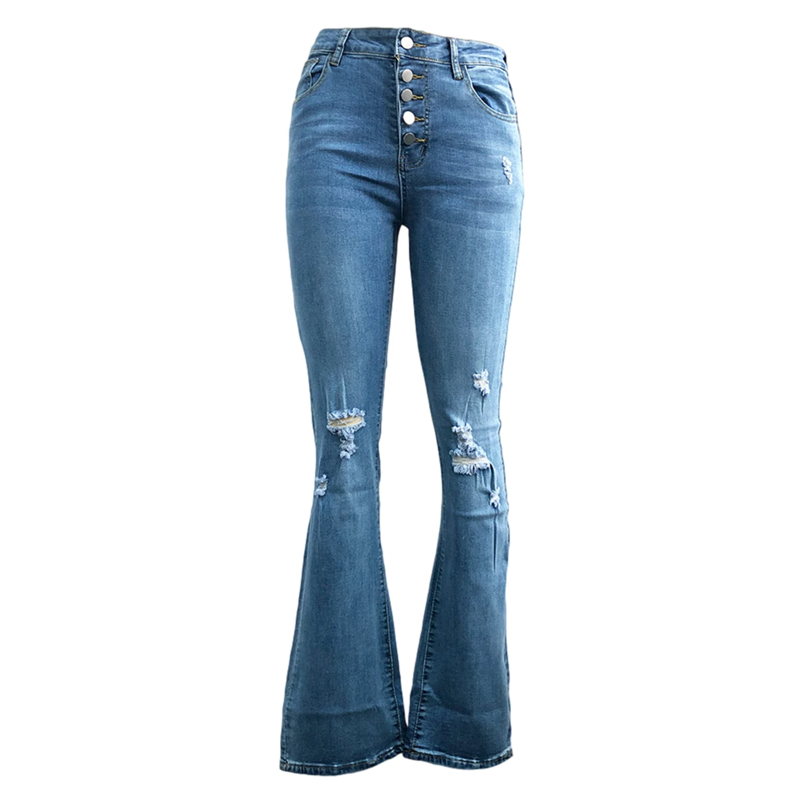 

Женская модель, облегающие джинсовые брюки с высокой талией и дырками в рубчик