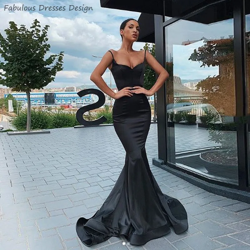 

2020 Black Spaghetti Strap Prom Dresses Long Sweetheart Mermaid Evening Dress Party For Women Sweep Train Vestido De Festa