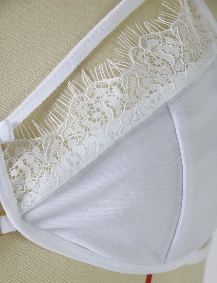 

New Style Women's Erotic Porno Sexy Three-Point Eyelash Lace Lace-up Perspective Bra Set Lingerie