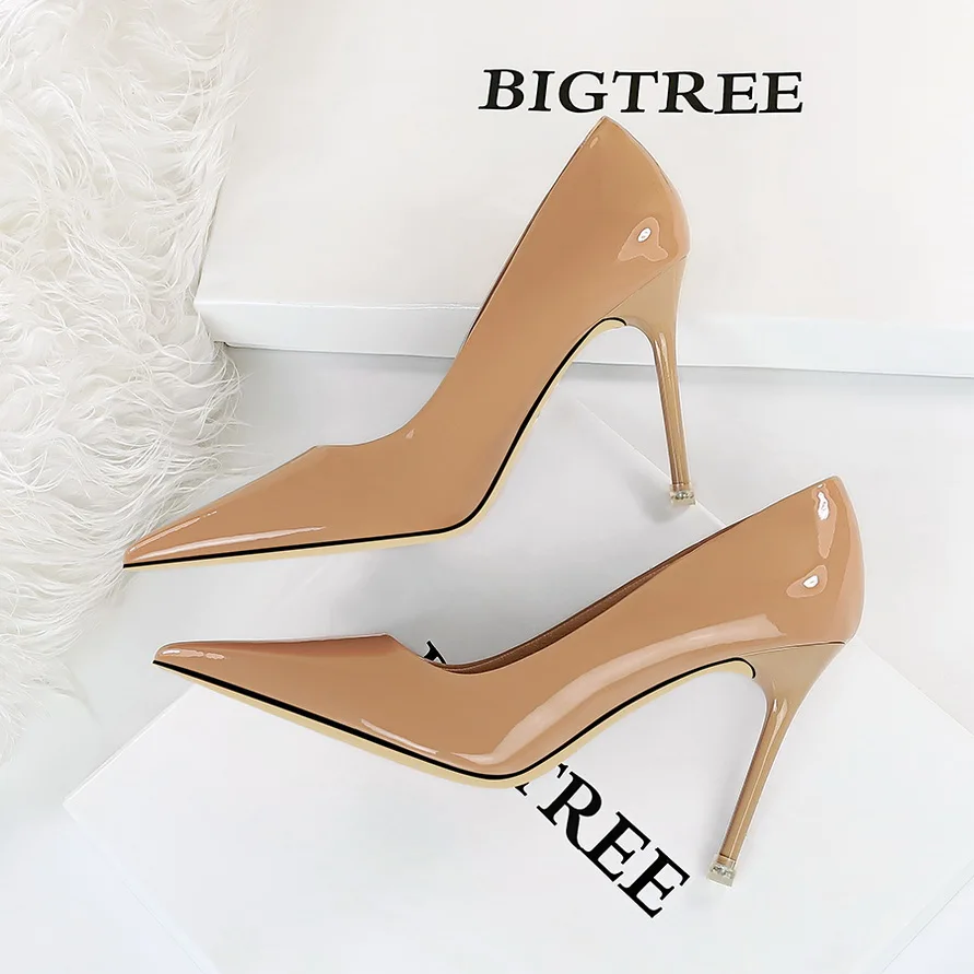 BIGTREE New Women Pumps Brand High Heels Black Patent Leather Pointed Toe Sexy Stiletto Shoes Woman Ladies Plus Big Size 42 43