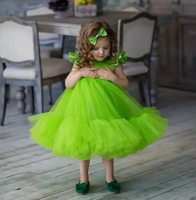 

2 Years For Girls Birthday Elegant Green Girl Ceremony Dress 1y-14y Tulle Flower Girl Dresses For Weddings Kids vestido comunion