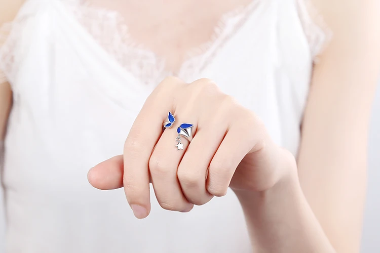 

New Trendy 925 Silver Blue Butterfly Star Open Rings For Girls Women Simple Adjustable Party Personality Tail Ring Gift Jewelry