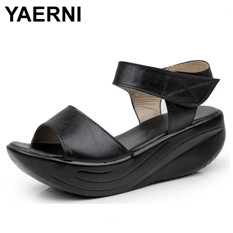 

YAERNI Hot Sale 2021 New Open Toe Genuine Leather Sandals Women Casual Sandals Platform Shoes Wedges Sandals Women Shoes Summer