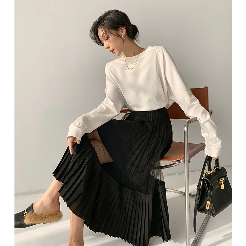 

Women's Casual High Waist A Line Pleated Midi Skirt with Pockets A224