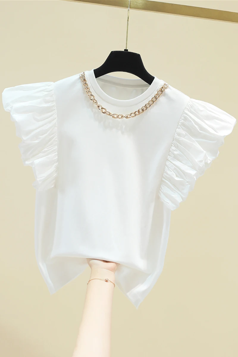 

Blusas Mujer Chain Decoration Flying Sleeves Short Sleeve Loose Pure Cotton T-shirt Women's 2021 Summer Clothing New Ladies Tops