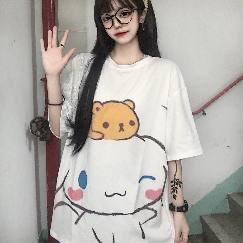 

Y2K Cinnamoroll Sanrio Short Sleeve Girl Student Korean Loose Summer Printed White T-Shirt Women Fashion Clothes Goth Top