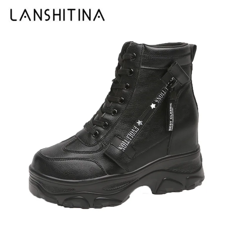 

New 2020 Autumn Women Ankle Boots 8CM Heels Platform Boots Soft Leather White Motorcycle Boots Woman Winter Chunky Sneakers Boot