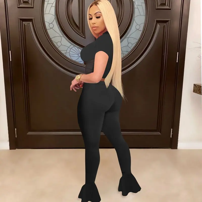 

Sexy Two Piece Set Women Tracksuit Summer Clother Mesh Sheer Splice Crop Top Flare Pant 2 Pcs Club Outfits Matching Sets