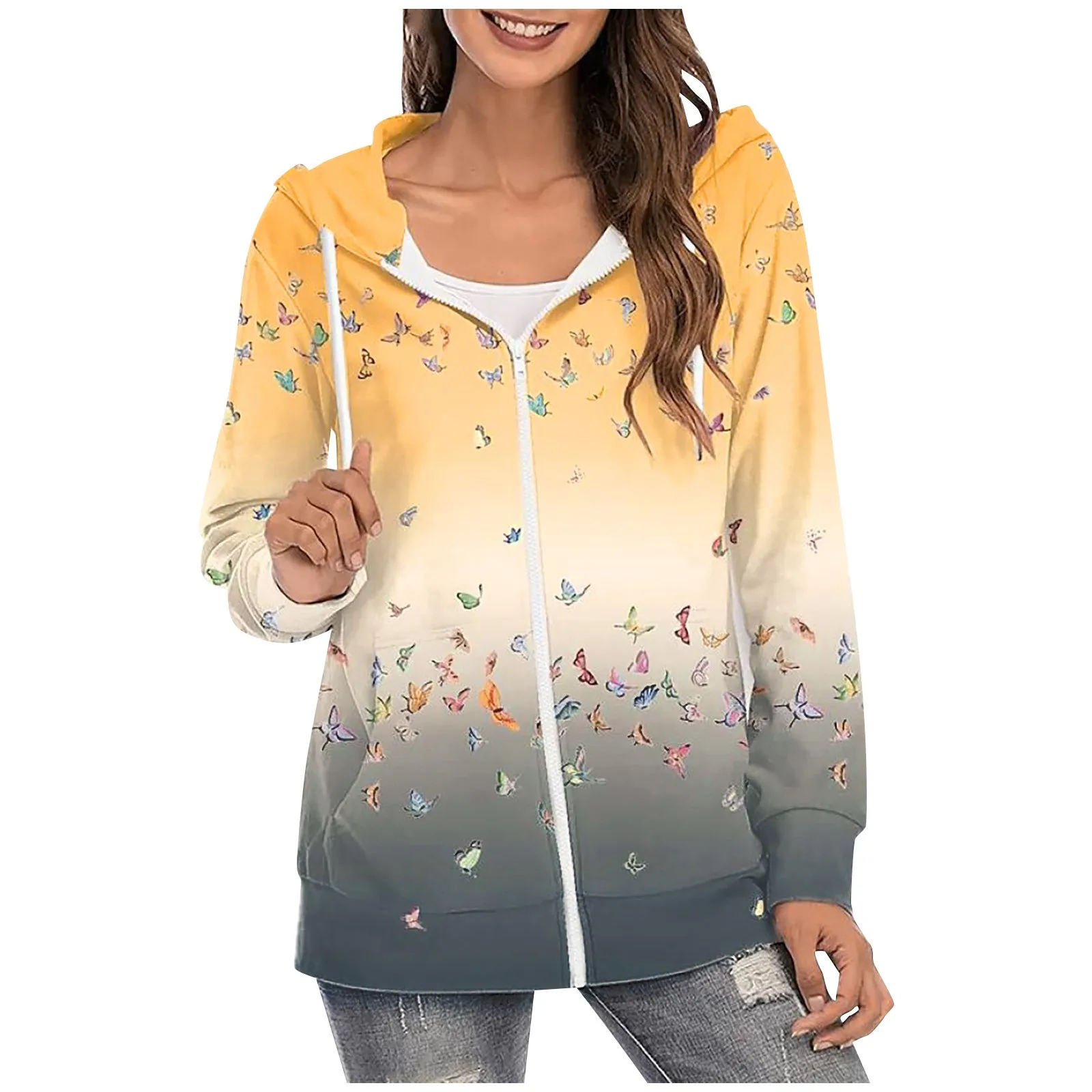 

Women's Printed Zipper Hooded Sweatshirt Long Sleeve Casual Zip Hoodie Pocket Jacket Spring Autumn Fleece Coat Свитшот