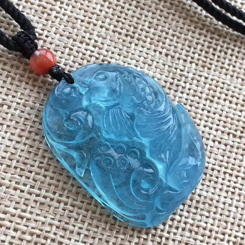 Подвеска из натурального синего цвета со льдом и прозрачной бусиной женская