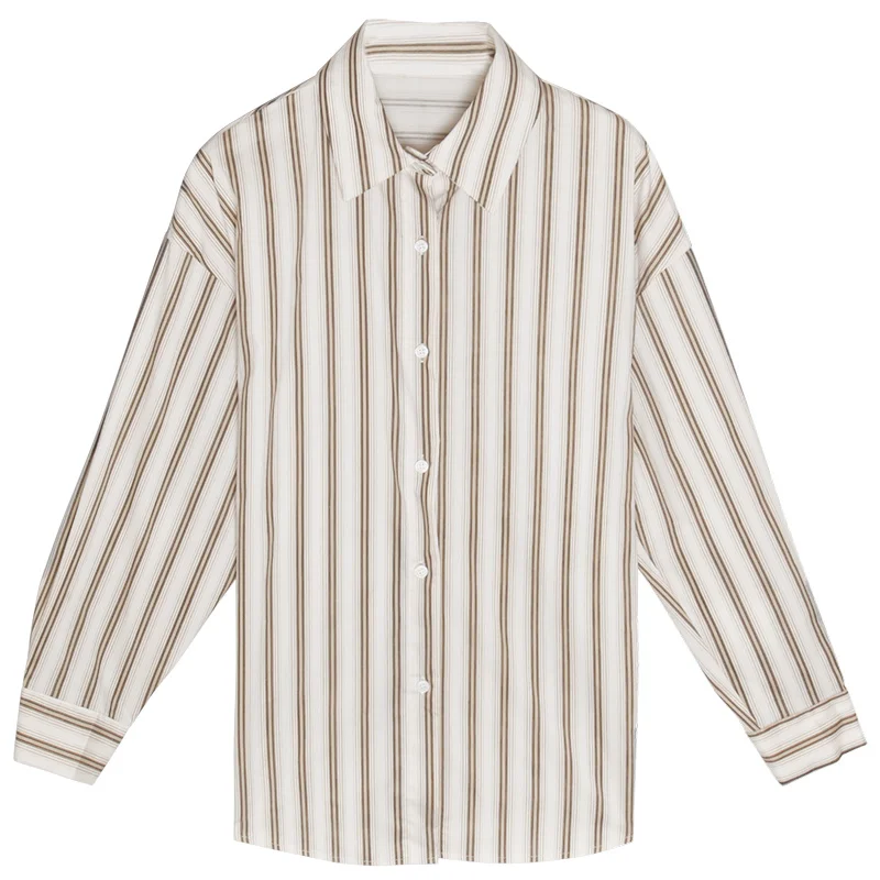 Рубашка Вертикальная полосатая цвета хаки Женская рубашка Корейская Свободная