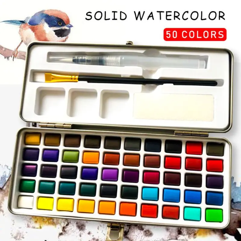 

T3EE 50 Colors Solid Watercolor Paint Pigment Set Portable Metal Box for Beginner Drawing Art Supplies