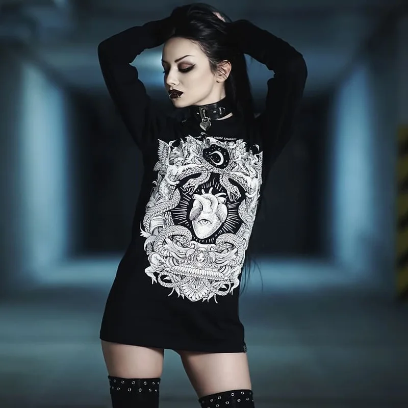 JIEZUOFANG гранж Черный Принт с длинным рукавом хипстеры панк готические футболки