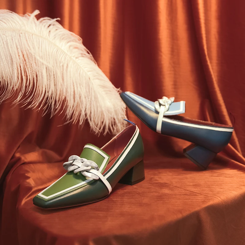 

Women summer high heels fashion genuine leather pumps spring thick heels shoes square toe slip on heel woman shoes 2020