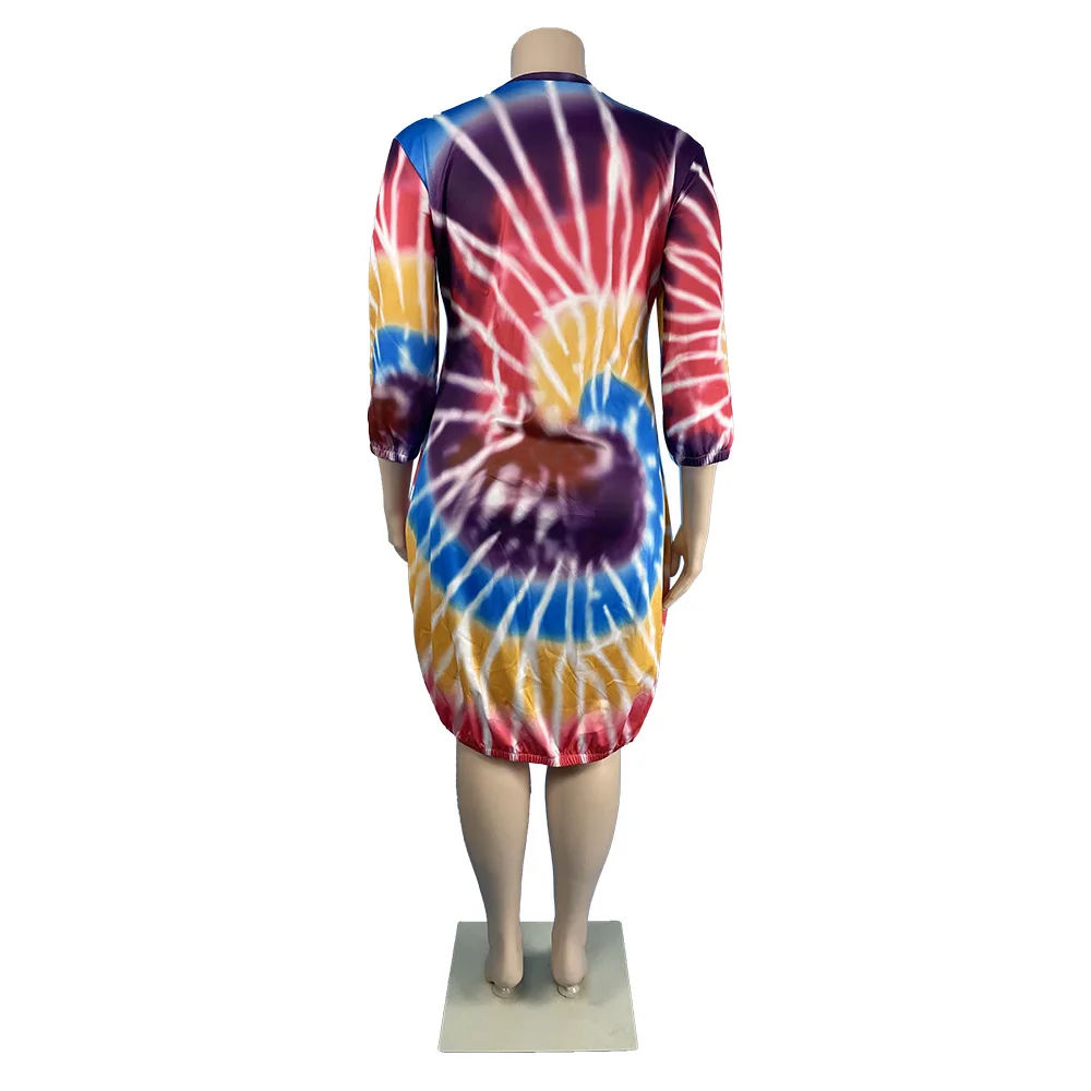 

Colorful Printing Fashio Dresses 2021 Summer Women Casual O-neck Plus Size Full Sleeve Bodycon Knee-length Dress New Arrivals