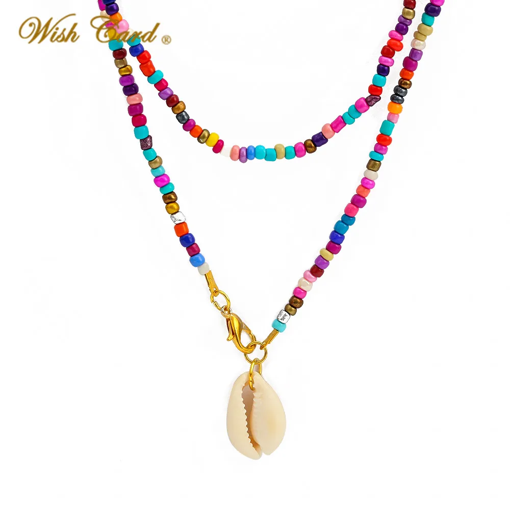 

Wish Card Bohemia Shell Pendant Necklace Double Layers Colorful Miyuki Beads Long Chain Statement Necklace Collier Bijoux EY6556