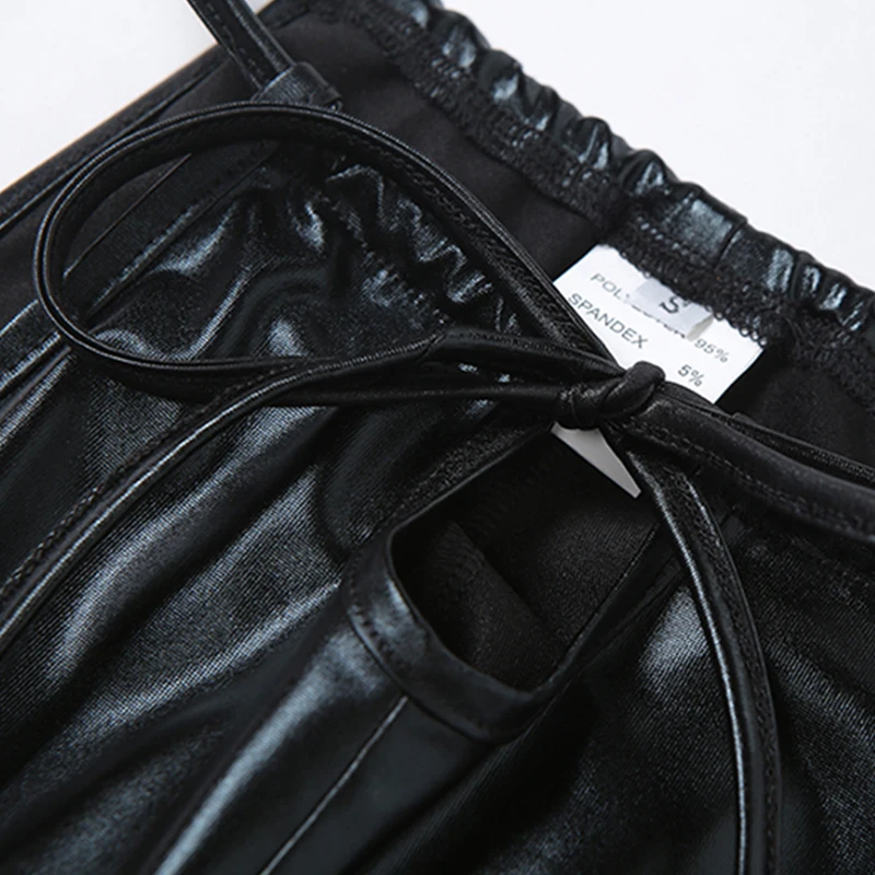 

Plugalong Pu Leather Two Piece Outfits For Women Sexy Club Wear Black Criss Cross Hollow Out Y2K Aesthetic Tracksuits Backless