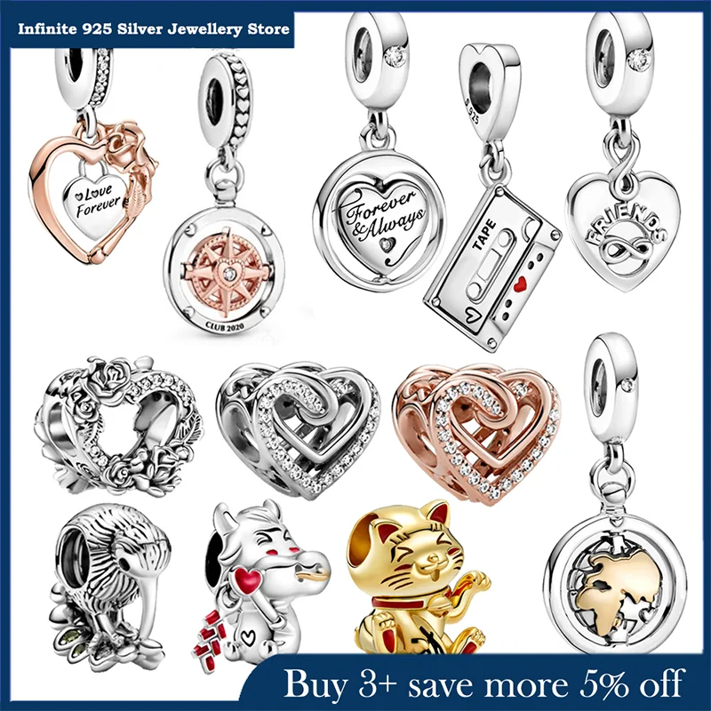 

2021 New 925 Sterling Silver Beads Angel Wings Hearts Rose Flowers Charms Fit Original Pandora Bracelet Women Jewelry DIY Gift