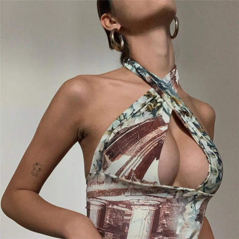 

Vintage Floral Print Y2K Knitted Crisscross Halter Cropped Top Tanks Corset 2000s Kawaii Indie 90s Bandage Tops Vest Streetwear