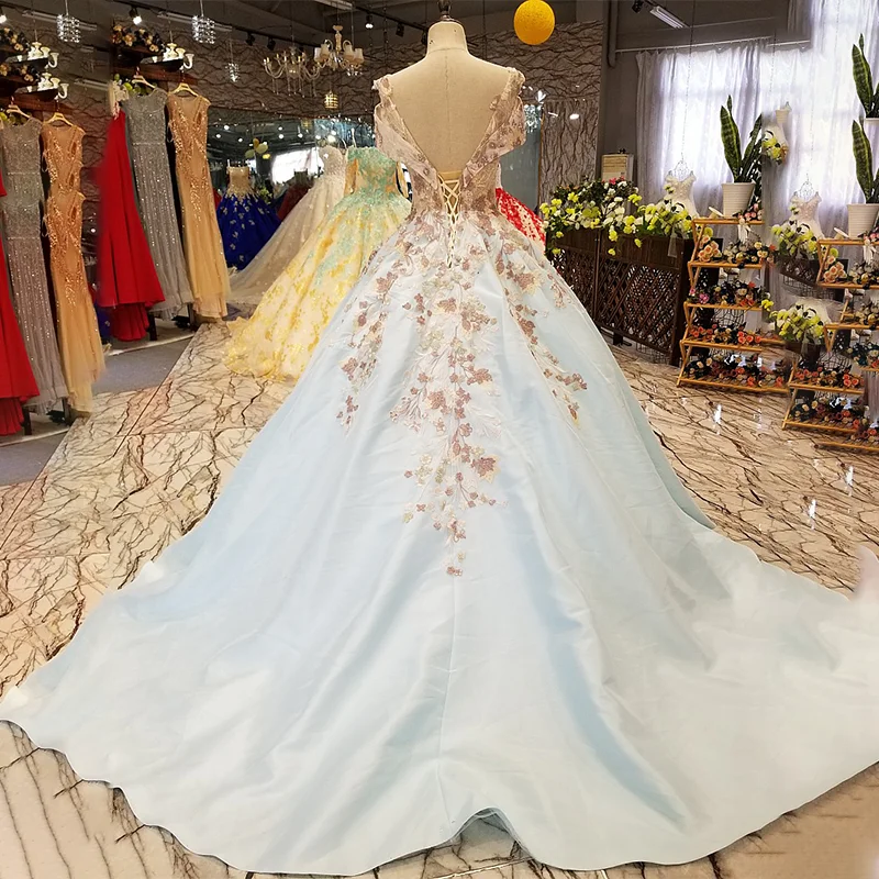 LS09778 light blue a-line cheap satin evening dress short sleeve sexy v-back with train for elegant girls fast shipping | Свадьбы и